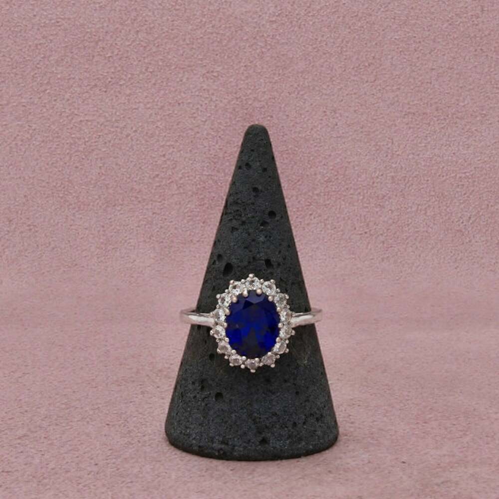 Sterling Silver Blue Spinel & C Z Halo Oval-Cut Prong-Set Ring Size 10